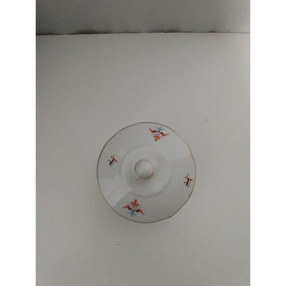 Vintage Sugar Bowl with Lid White Porcelain Gold Trim Geometric Design - Picture 8 of 10